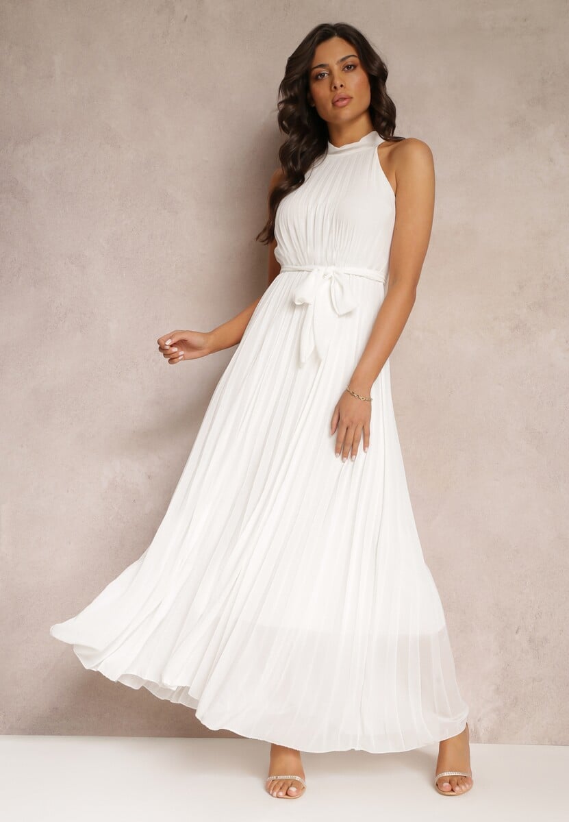 Czarna Sukienka Maxi bez Rękawów z Gumką w Talii z Plisowanej Tkaniny Pesstia