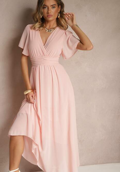 Różowa Rozkloszowana Sukienka z Kopertowym Dekoltem Obillis