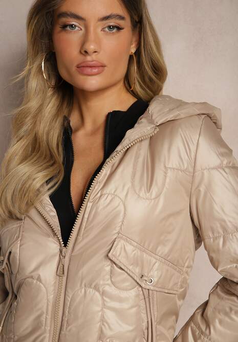 Beżowa Kurtka z Kapturem Ozdobiona Pikowaniem Talemi