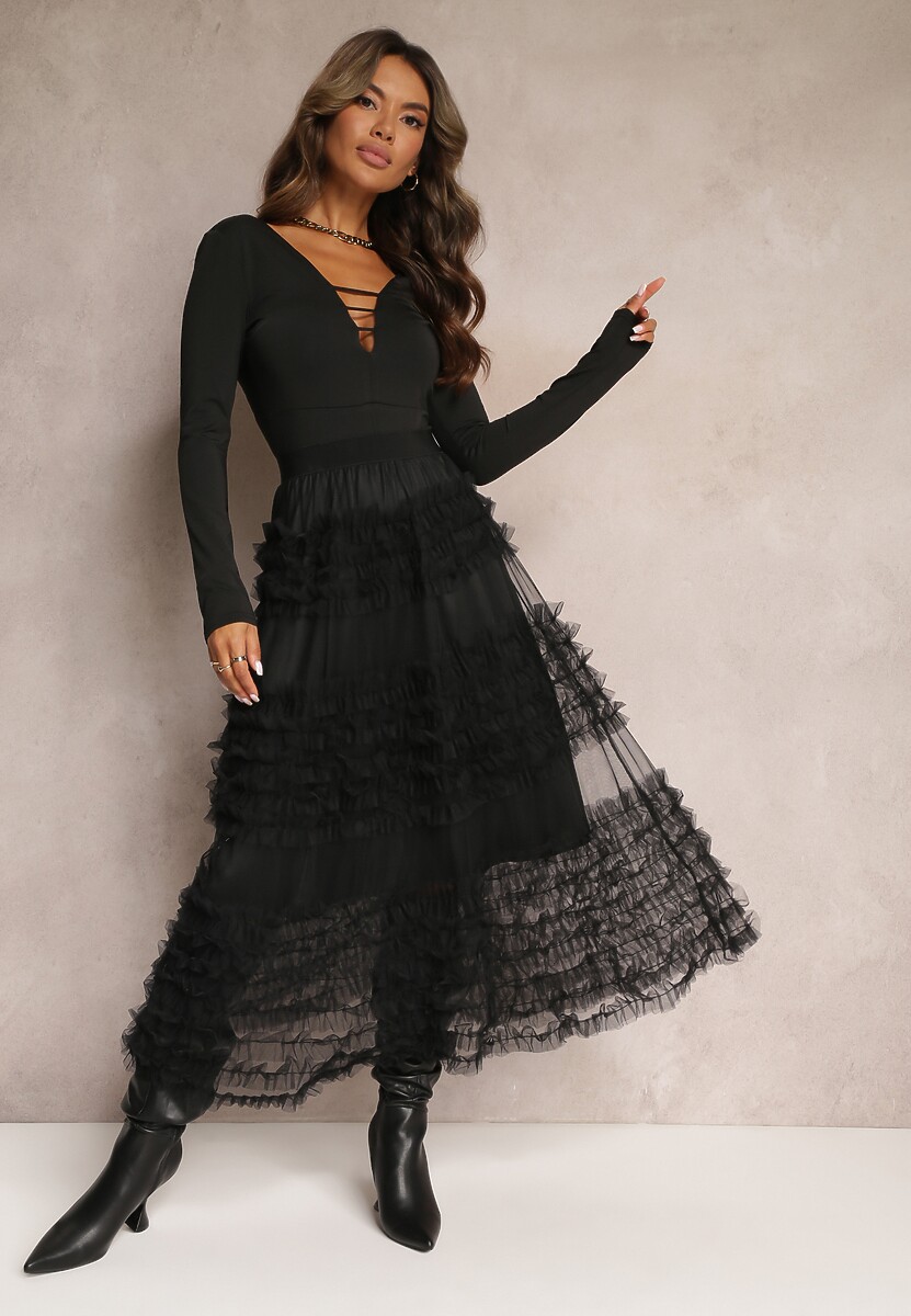 Czarna Rozkloszowana Spódnica z Tiulowego Materiału z Gumką w Talii  Ejlia