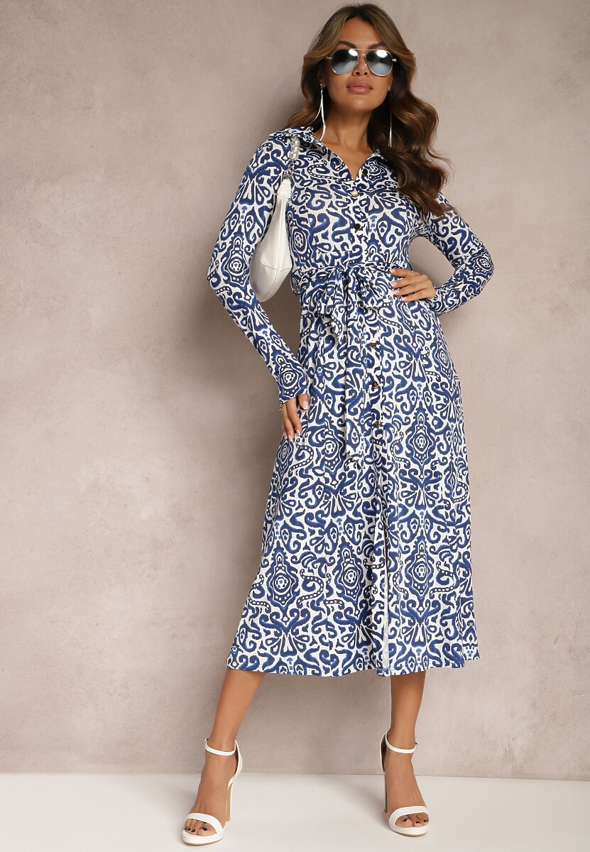 Niebiesko-Biała Koszulowa Sukienka Midi z Rozkloszowaniem i Paskiem Lanibe