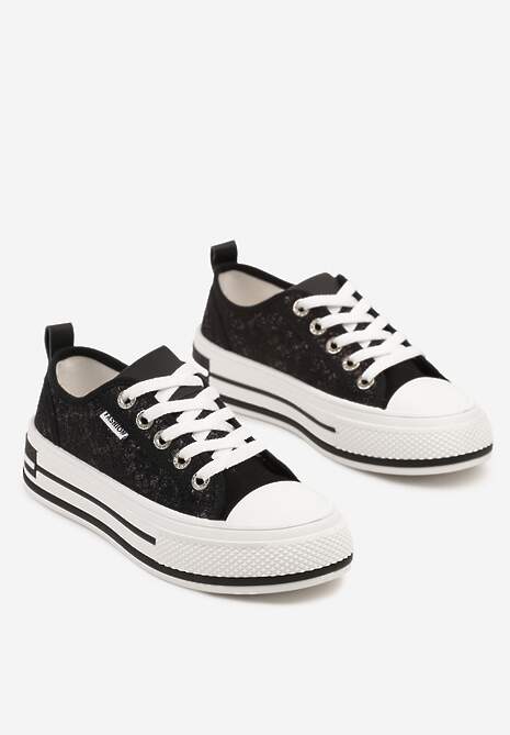 Czarne Trampki z Koronkową Wstawką z Błyszczącymi Drobinkami Daliven