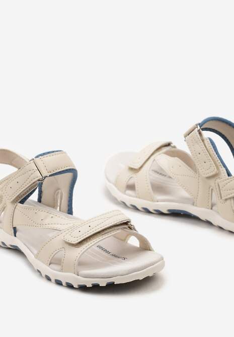 Beżowo-Niebieskie Sportowe Sandały z Rzepami i Wkładką ze Skóry Naturalnej Marivea