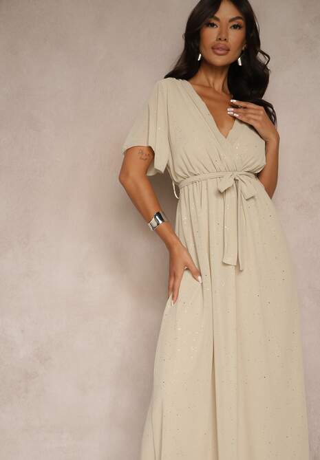 Beżowa Koktajlowa Brokatowa Sukienka z Paskiem Addlea