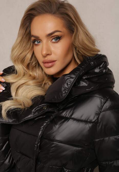 Czarna Długa Kurtka Pikowana Płaszcz z Szerokim Kołnierzem Mizii