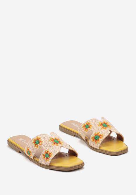 Żółte Klapki Ozdobione Haftowanymi Kwiatami Reviala