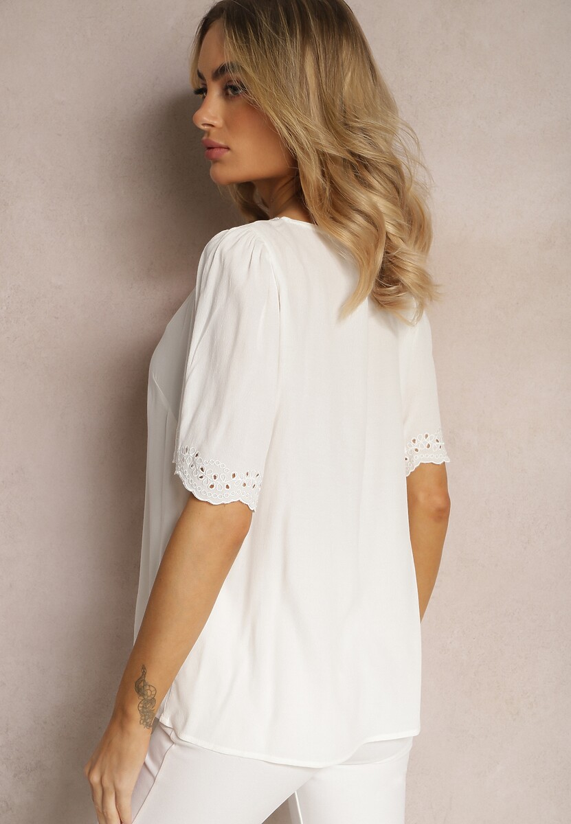Biała Bluzka z Wiskozy z Haftowanymi Wstawkami Exalia