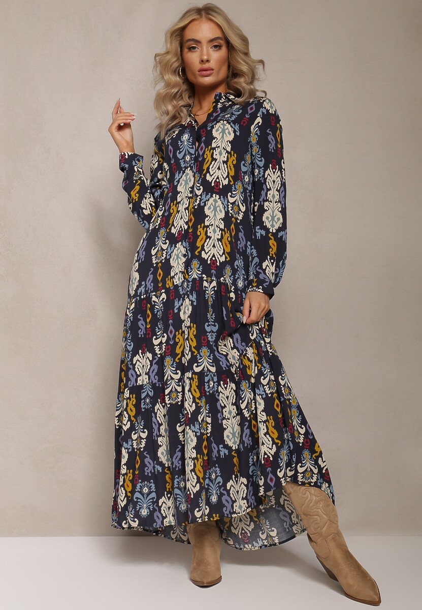 Granatowa Sukienka Koszulowa Rozkloszowana Zjarrta