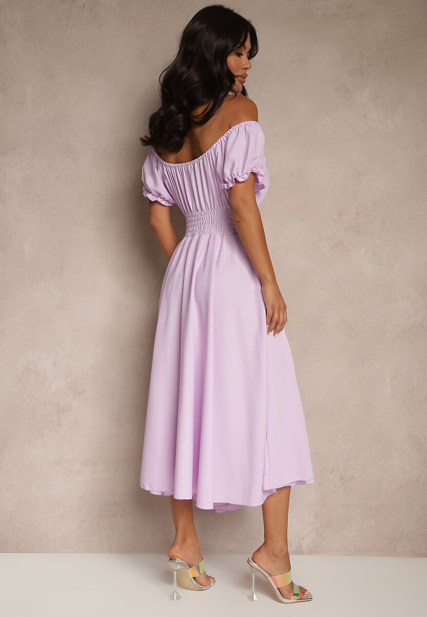 Fioletowa Sukienka Hiszpanka z Bawełną Ozdobiona Bufkami Lunoria