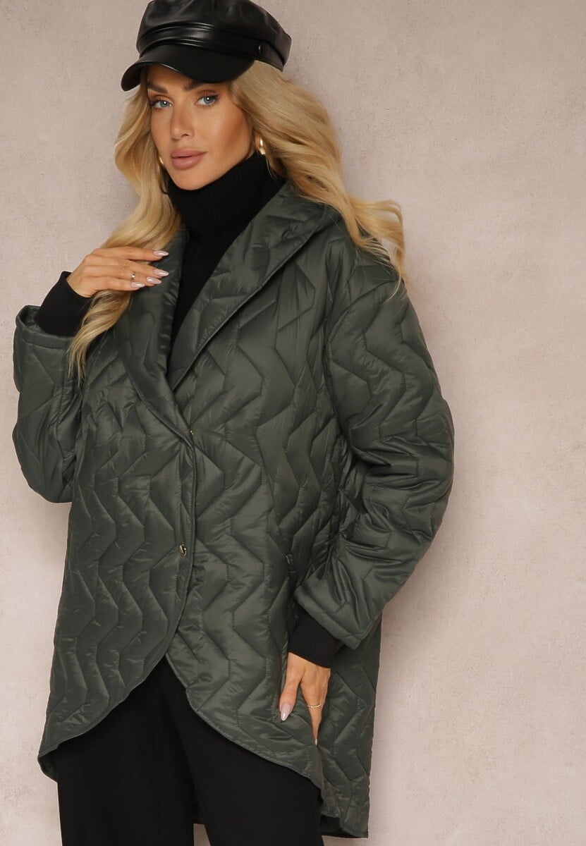 Ciemnozielona Pikowana Kurtka z Wycięciem i Dłuższym Dołem o Prostym Kroju z Paskiem Salireth