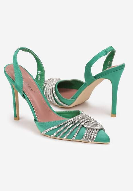 Zielone Sandały Satynowe na Szpilce z Cyrkoniami Capho