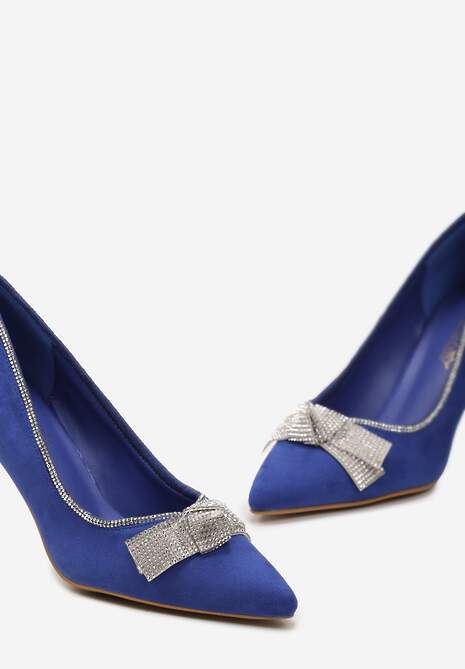 Niebieskie Szpilki z Cyrkoniowymi Kokardami ze Szpiczastym Noskiem Crandia