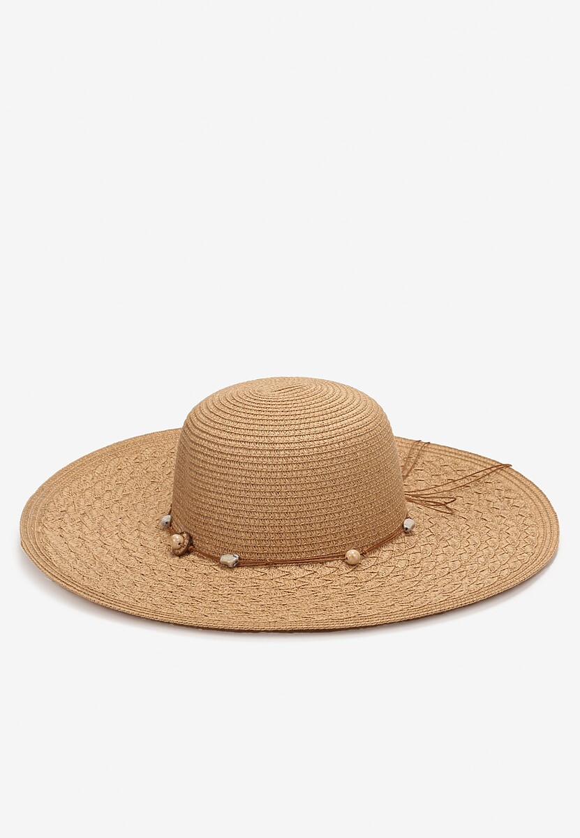 Beżowy Szeroki Kapelusz Pleciony ze Sznurkiem z Kamyczkami Chira