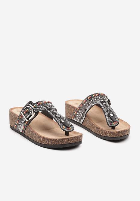 Czarne Japonki Klapki na Grubej Podeszwie i Koturnie Zdobione Cyrkoniami Tinoraema