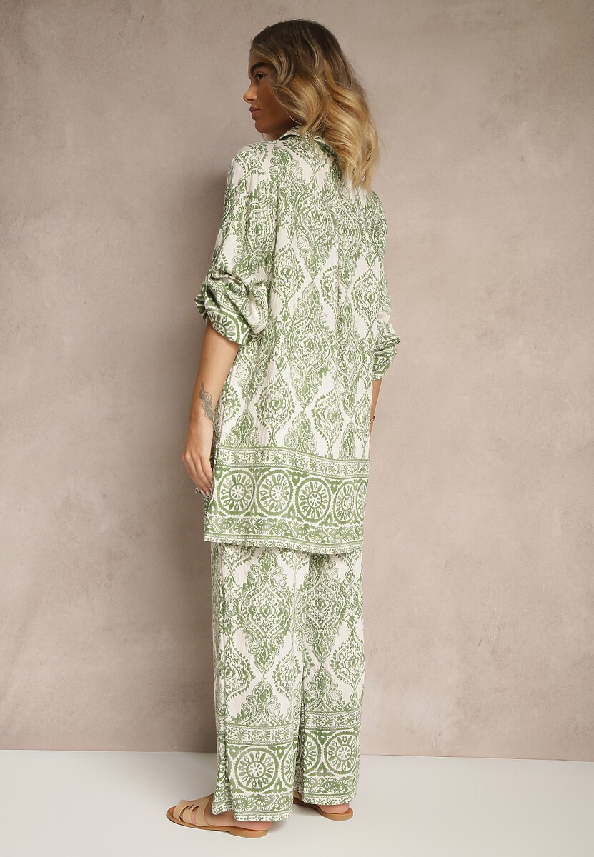 Zielony Komplet z Wiskozą o Kroju Oversize Koszula i Spodnie Nilarithia