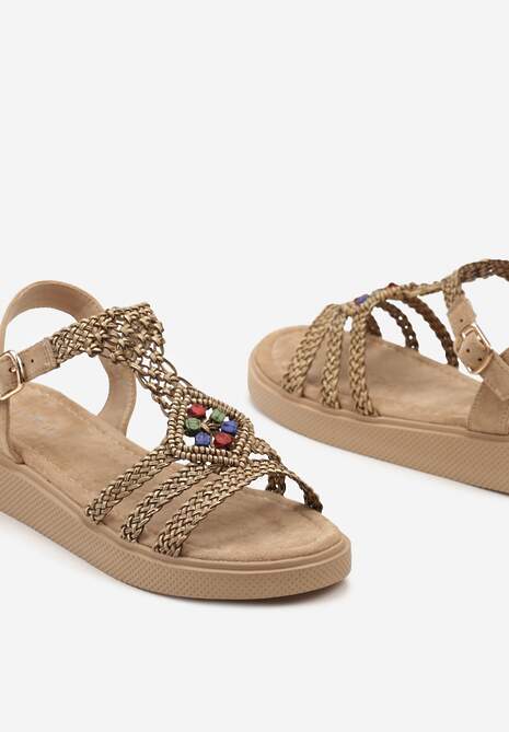 Ciemnobeżowe Płaskie Sandały z Ekoskóry z Plecionymi Paskami Ozdobione Kamieniami Alliara