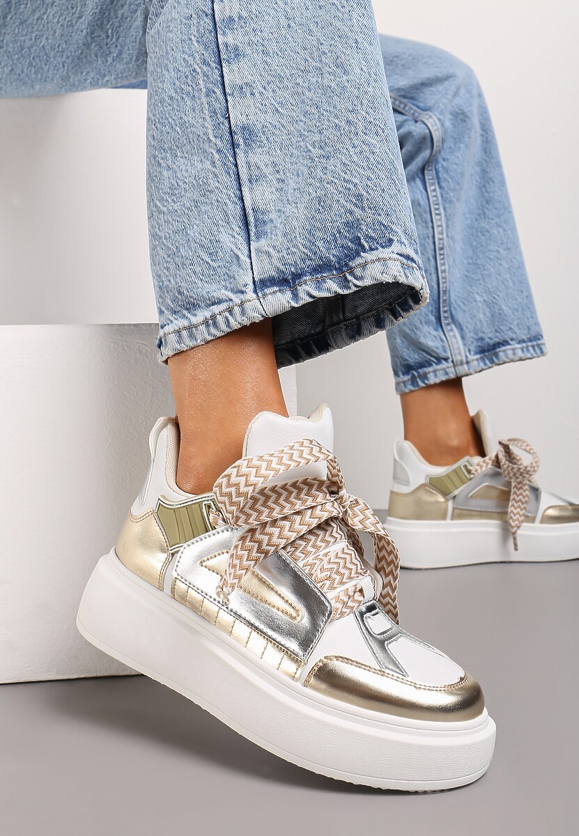 Biało-Złote Sneakersy Na Niskiej Platformie z Szerokimi Sznurówkami we Wzorek Vidira