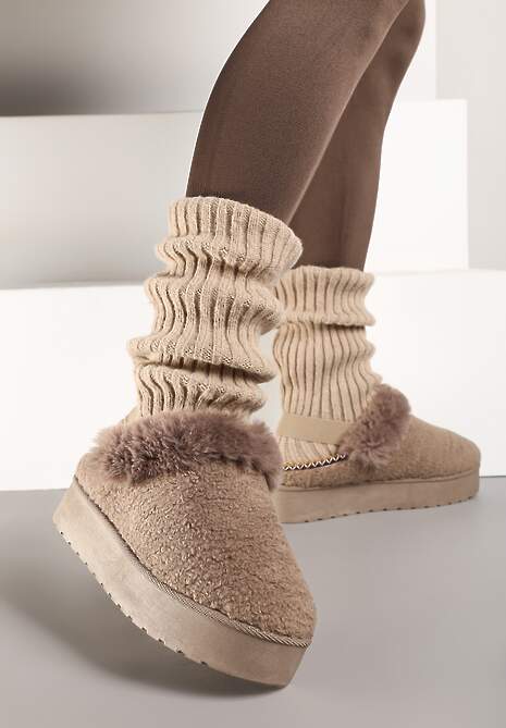 Ciemnobeżowe Futerkowe Śniegowce na Grubej Podeszwie z Gumką na Pięcie Sosena