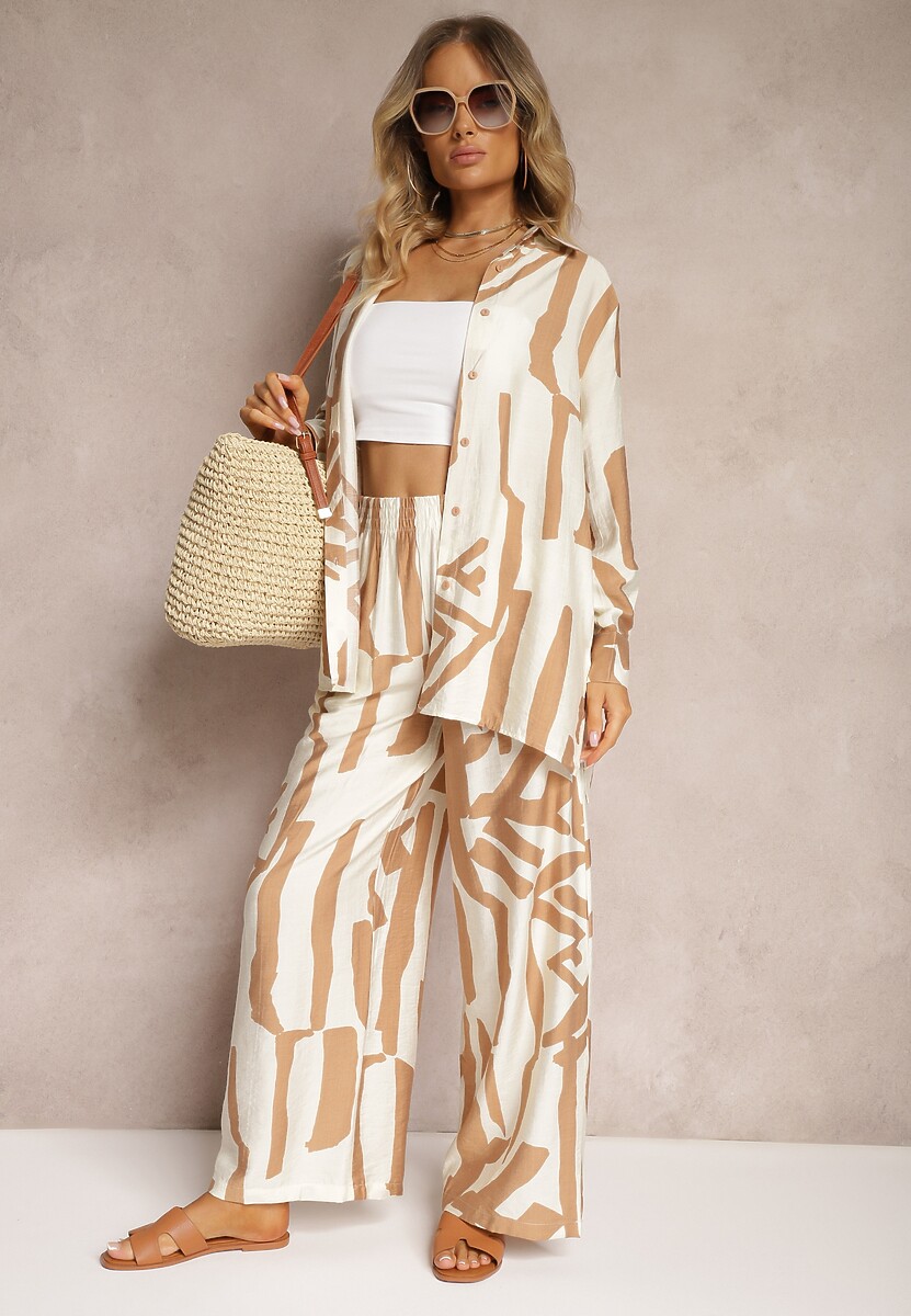 Beżowy Wiskozowy Komplet 2-Częściowy Luźna Koszula Spodnie z Gumką i Szerokimi Nogawkami Melvima