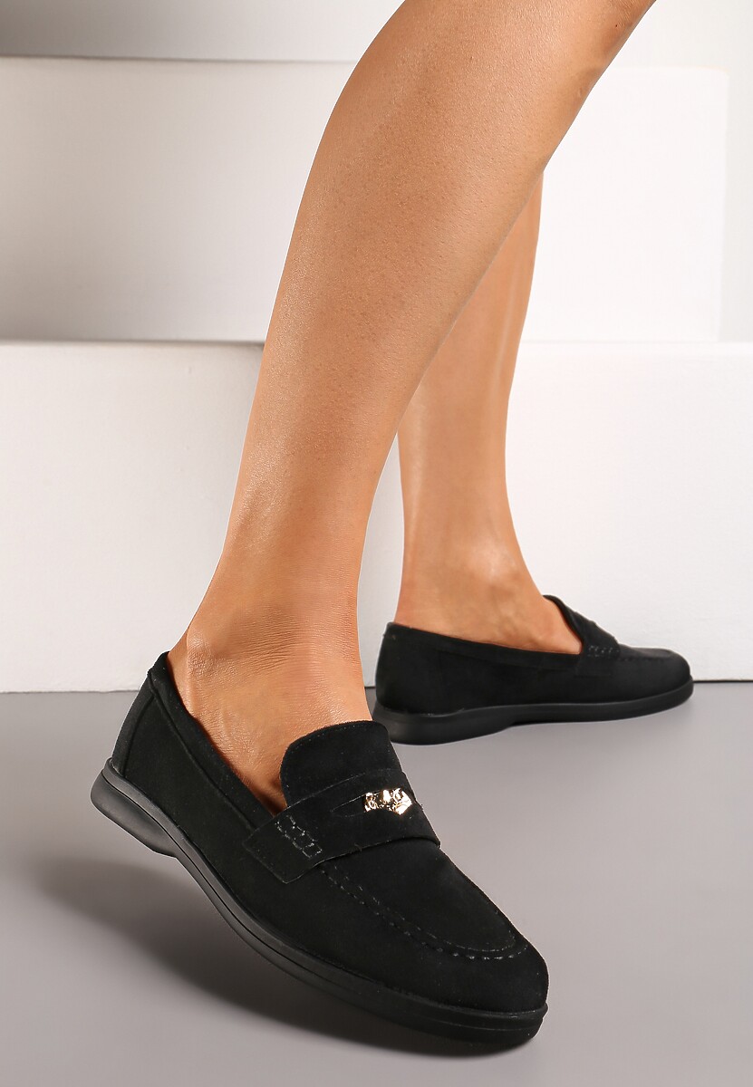 Czarne Klasyczne Mokasyny z Imitacji Zamszu z Klamerką Dorellia