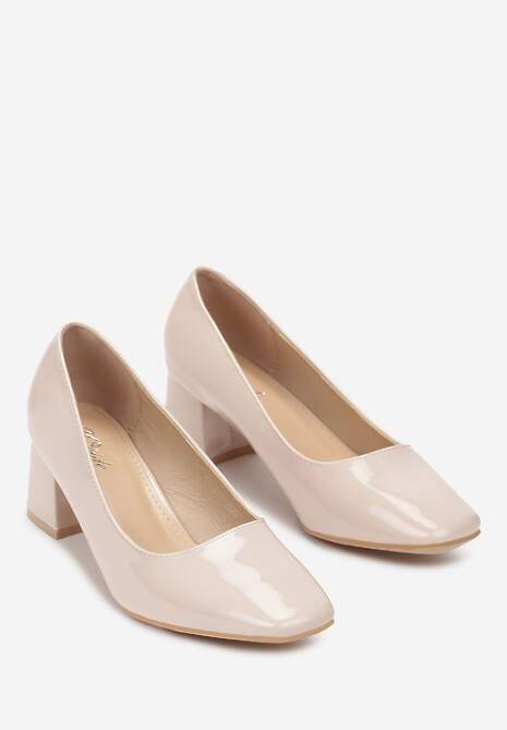 Beżowe Lakierowane Czółenka na Słupku ze Szpiczastym Noskiem Nomiza