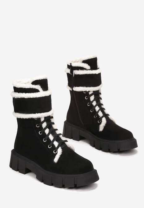 Czarno-Beżowe Botki Workery z Futrzanymi Lamówkami Freekolo