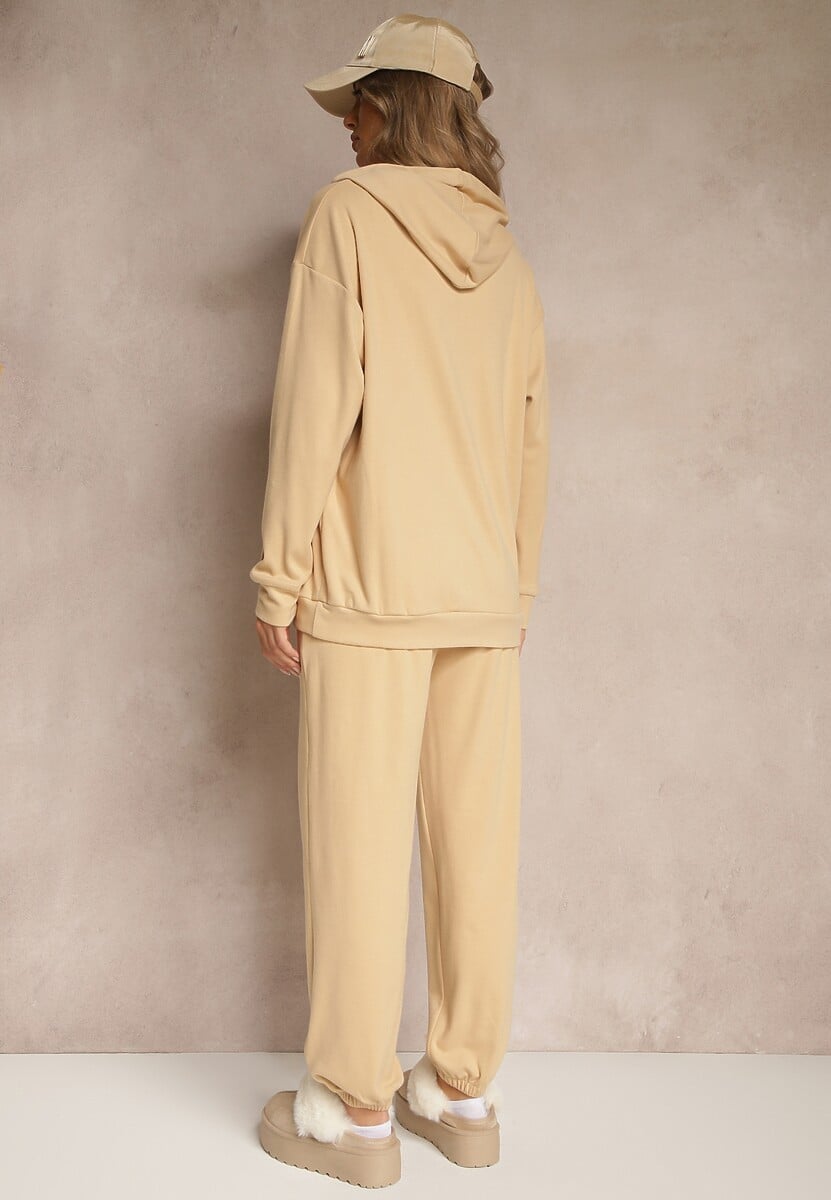 Ciemnobeżowy Komplet Dresowy Spodnie i Bluza z Kapturem i Kangurową Kieszenią Lotilea