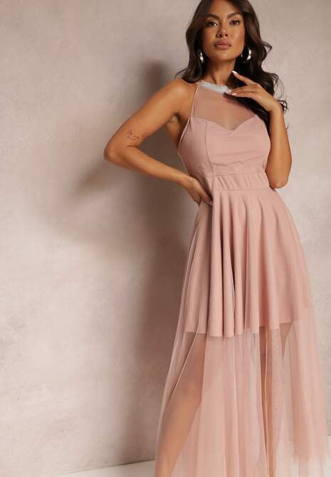 Różowa Maxi Sukienka o Rozkloszowanym Fasonie z Długim Tiulem i Ozdobnymi Cyrkoniami Amorah