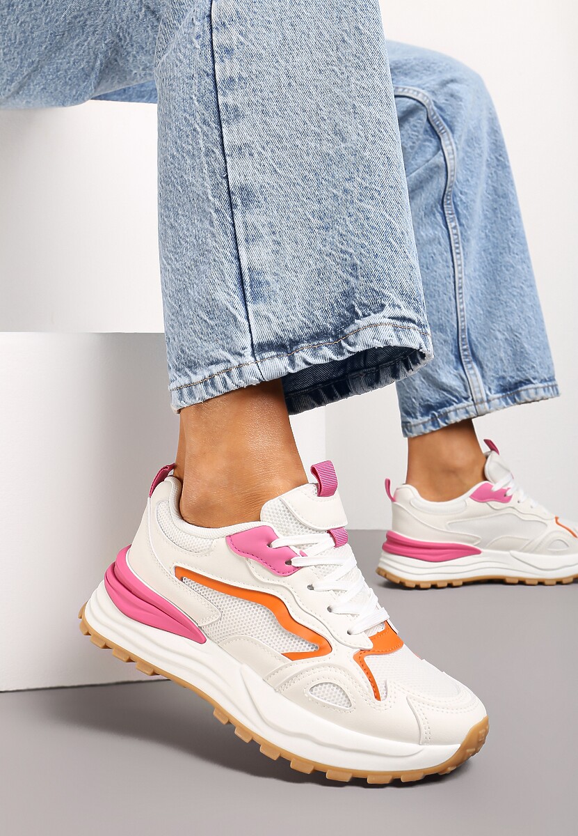 Beżowo-Różowo Sneakersy na Niskiej Platformie z Siateczką z Ozdobnymi Wstawkami Lelphine