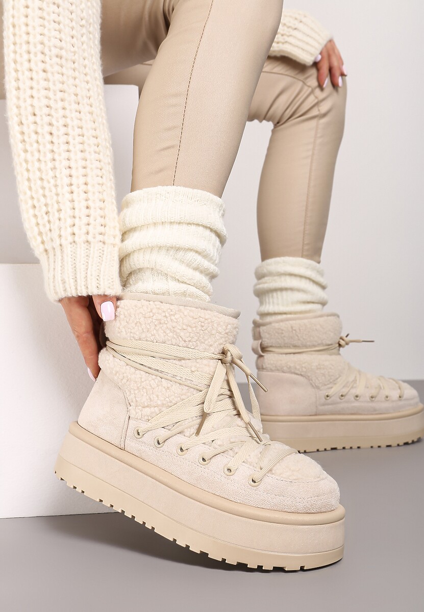 Beżowe Śniegowce na Platformie Wykończone Sztucznym Futerkiem Terilani