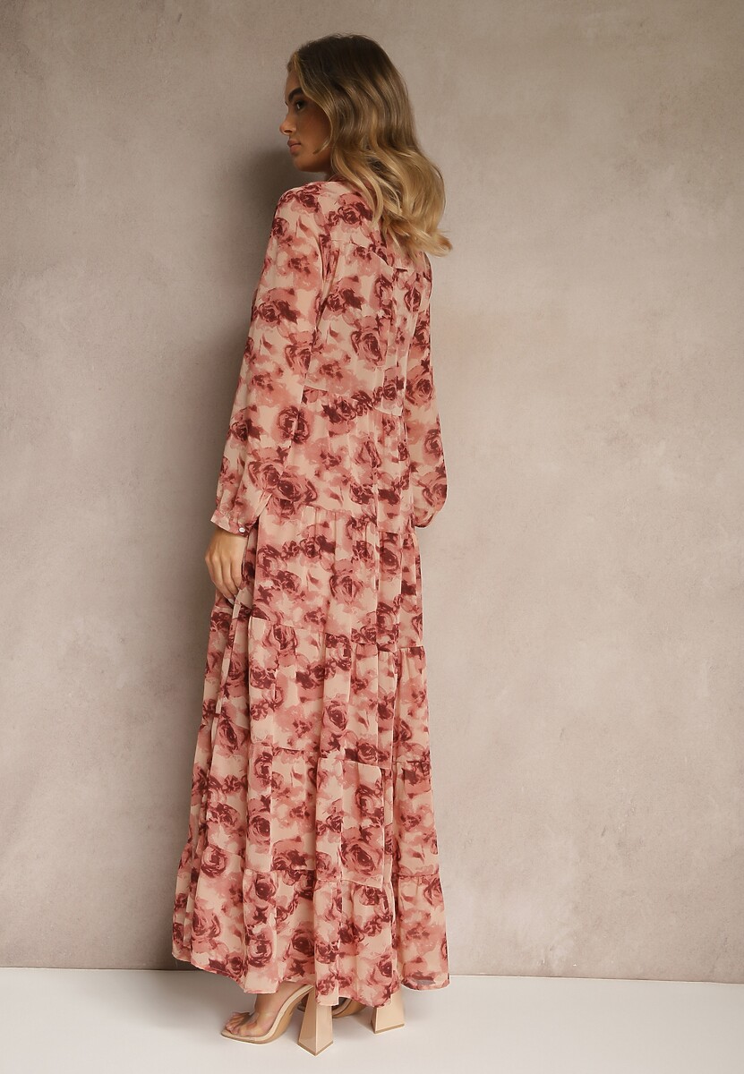 Różowa Rozkloszowana Sukienka Koszulowa Maxi w Kwiaty Nersa