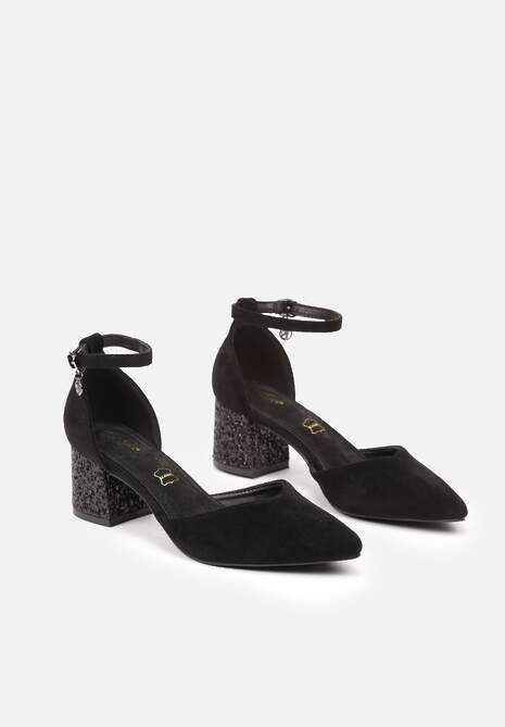 Czarne Czółenka Vices na Słupku ze Skórzaną Wkładką i Brokatowym Obcasem Lilria
