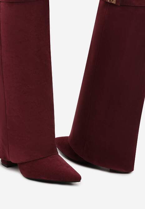 Bordowe Kozaki na Słupku z Wywiniętą Cholewką i Klamerką Upaxa