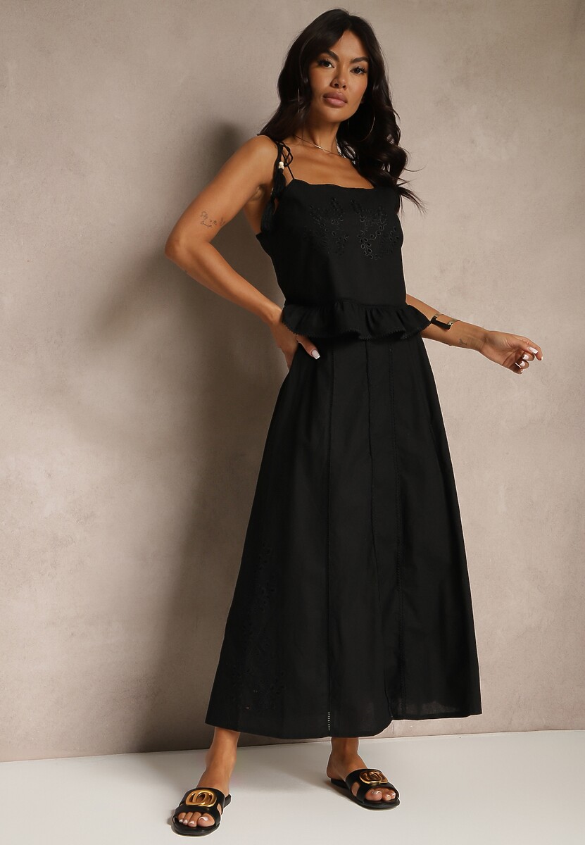 Beżowa Rozkloszowana Spódnica z Bawełny z Haftowanymi Detalami Tolanisse