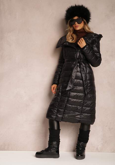 Czarna Kurtka Płaszcz z Szerokim Kołnierzem i Kapturem Wiązana w Pasie Lilave