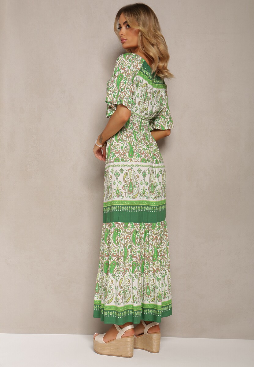 Jasnozielona Bawełniana Sukienka z Ozdobnym Wiązaniem Wykończona Gumką w Pasie Betelia