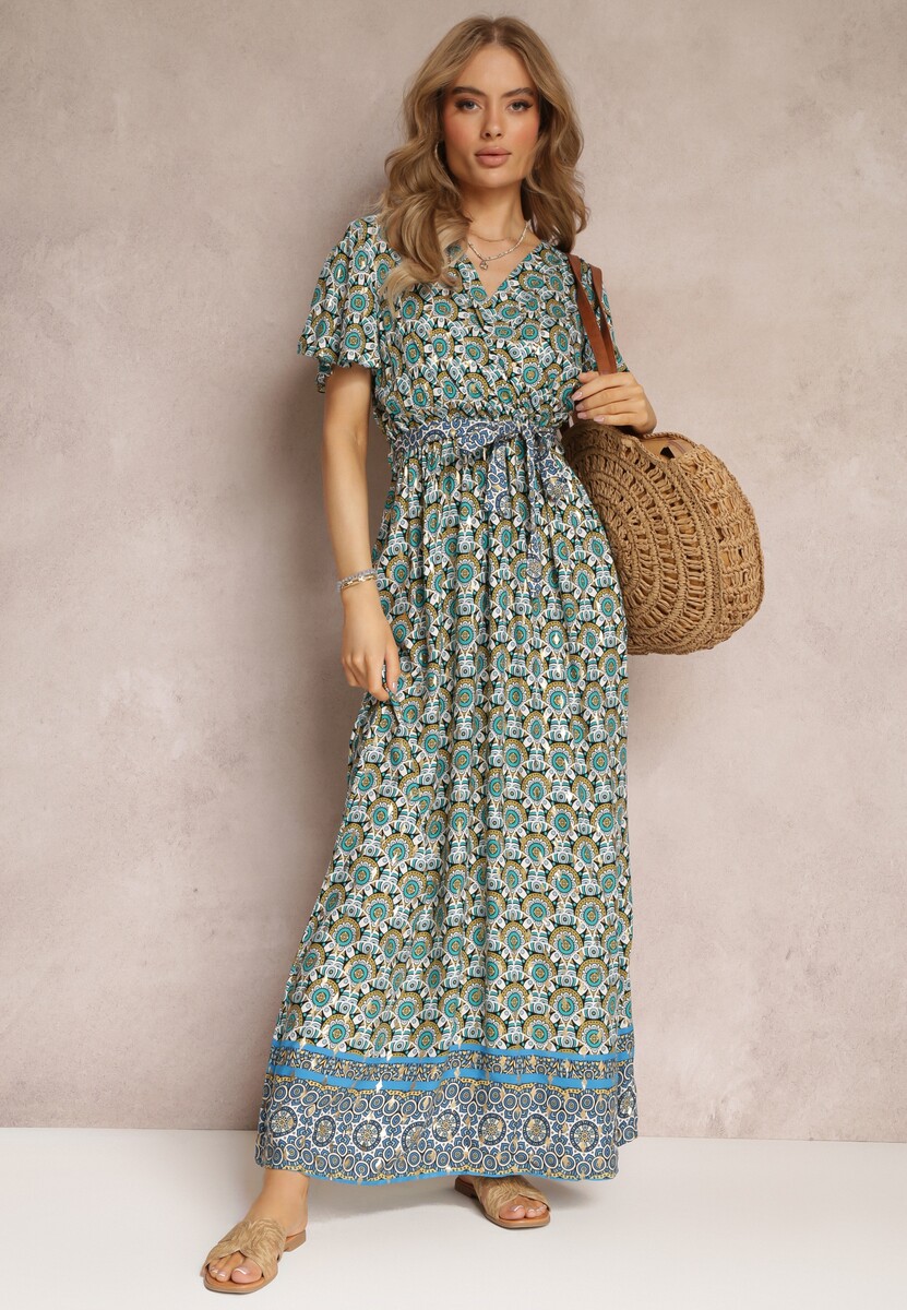 Miętowo-Zielona Sukienka Maxi z Paskiem i Gumką w Talii w Ornamentalny Wzór Calvim