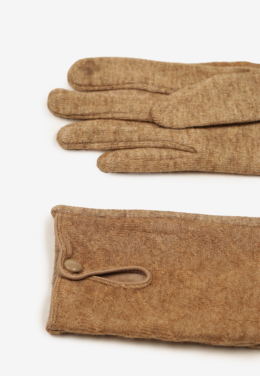 Ciemnobeżowe Rękawiczki z Bawełną Ozdobione Rombami i Guzikiem Fenemi