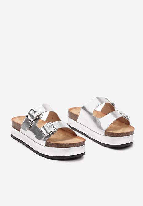 Srebrne Wsuwane Klapki na Grubej Podeszwie z Szerokimi Paskami i Wyściółką z Ekozamszu Iristelle