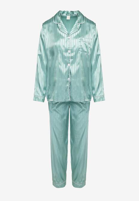 Miętowy Komplet Piżamowy Góra o Koszulowym Kroju z Guzikami Spodnie z Gumką w Talii Rivanias