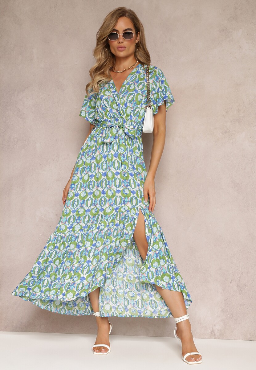 Różowa Sukienka z Wiskozy i Kopertowym Dekoltem w Fantazyjny Print Abai