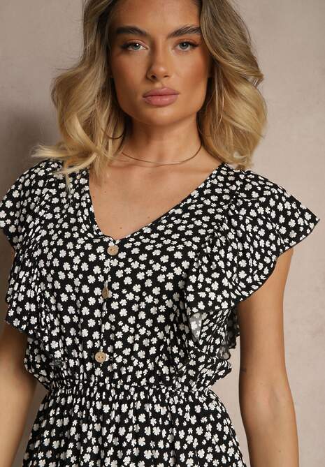 Czarna Bawełniana Sukienka o Rozkloszowanym Kroju z Guzikami w Kwiatowy Wzór Roniva