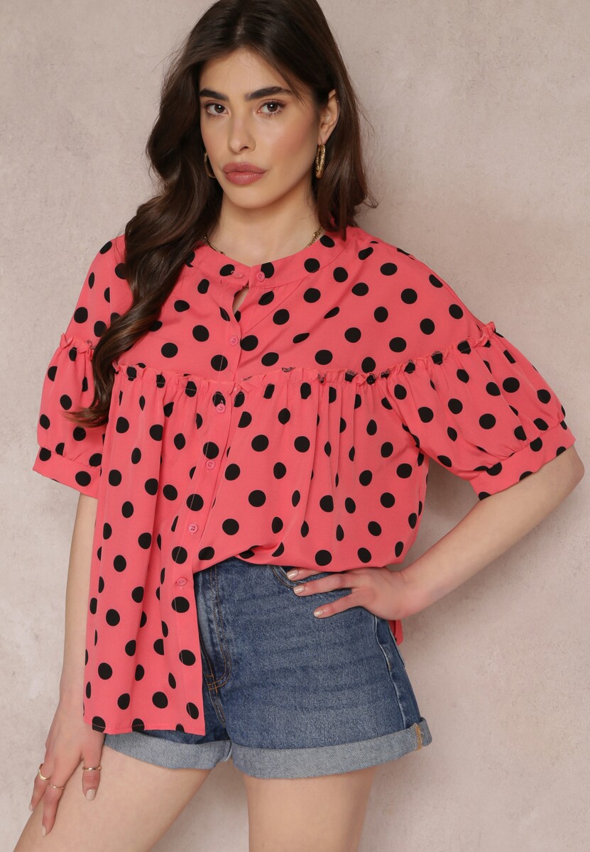 Różowa Bluzka w Kropki z Guzikami o Rozszerzanym Fasonie Bislia