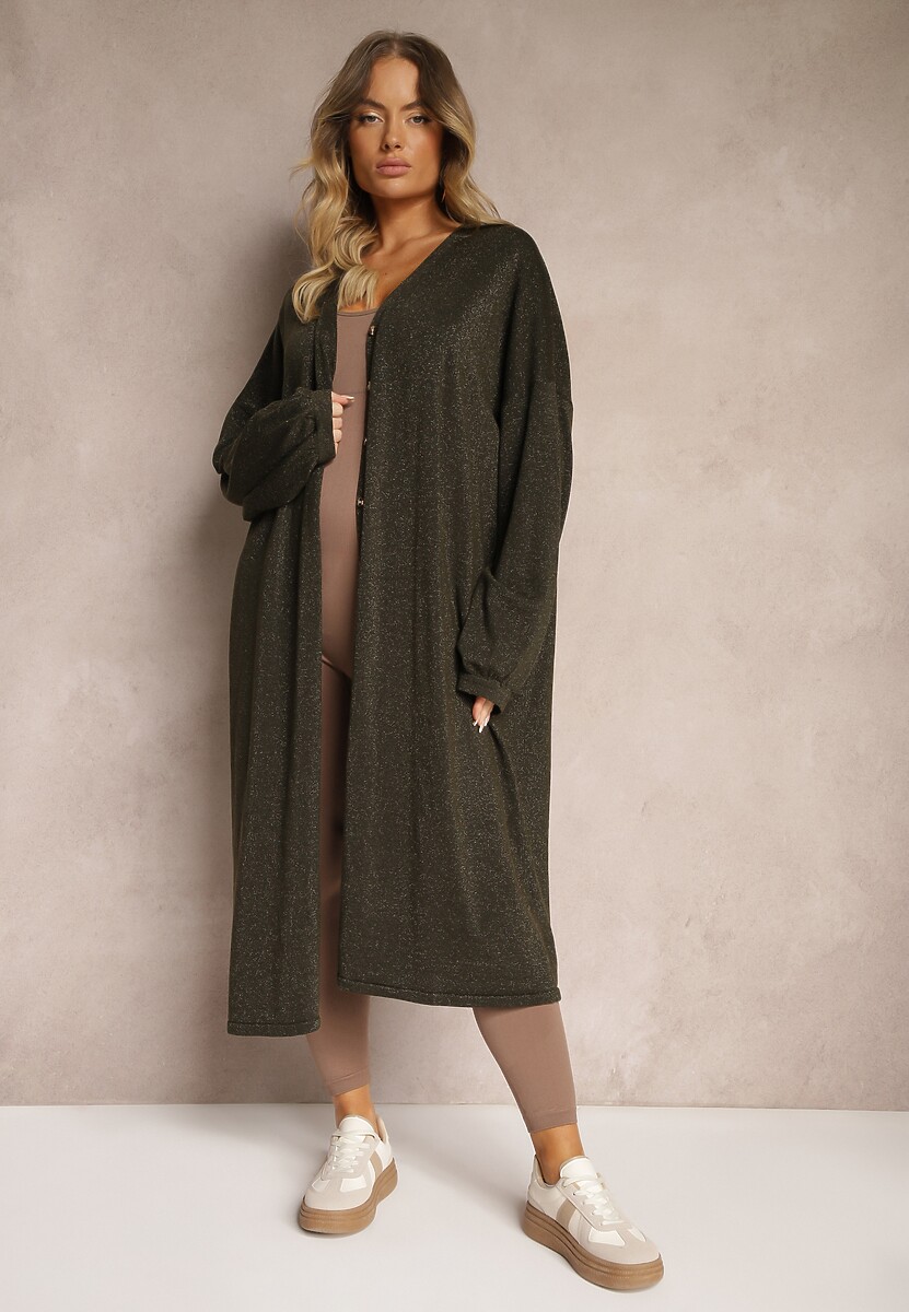 Zielony Kardigan z Wiskozą o Długim Kroju Zapinany na Guziki z Metaliczną NIcią Arkaria