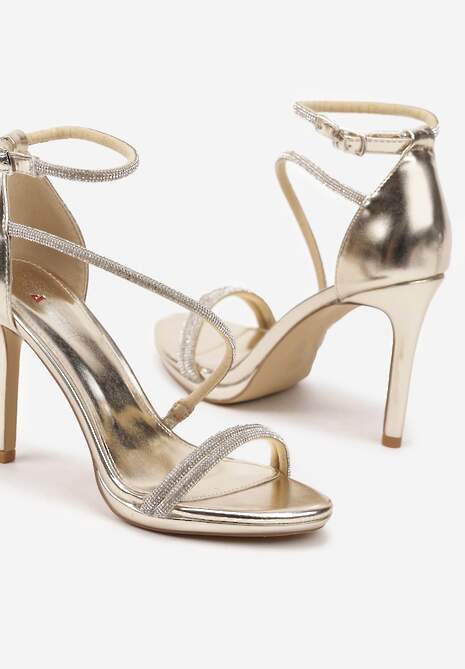 Złote Sandały Szpilki Zdobione Cyrkoniami Zapinane na Sprzączkę Ralisen