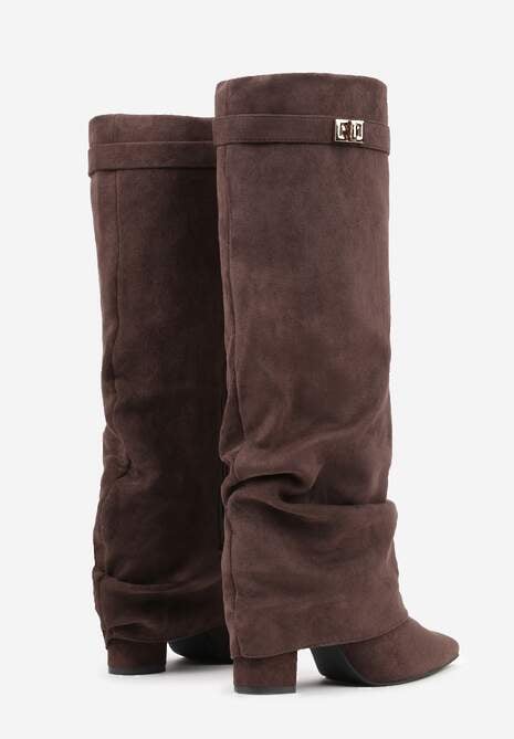 Brązowe Marszczone Kozaki na Słupkowym Obcasie z Wywiniętą Cholewką Runella