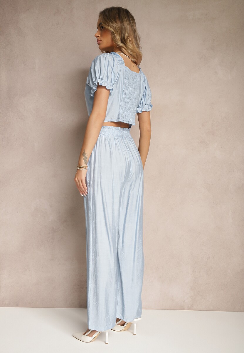 Jasnoniebieski Komplet z Wiskozy Top z Szerokimi Spodniami Soltebia