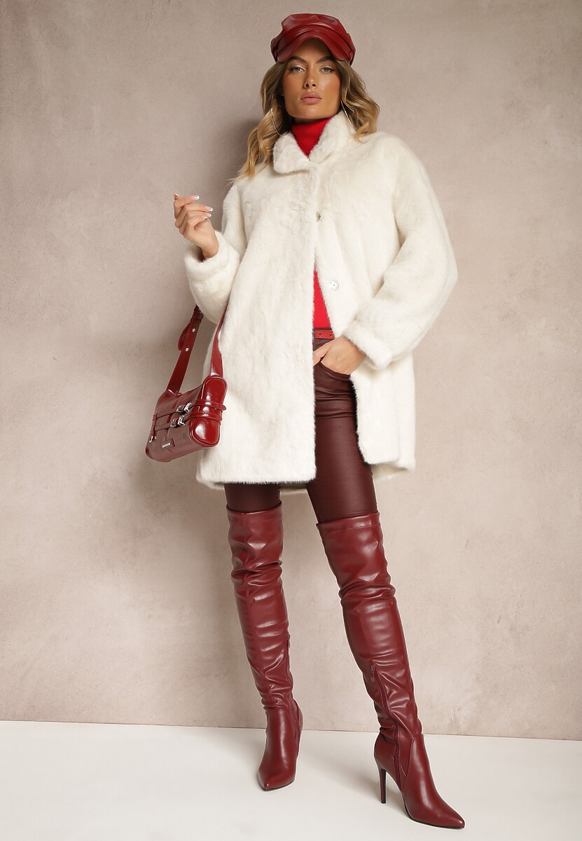 Jasnobeżowy Płaszcz z Futerka o Prostym Kroju ze Stójką i Kieszeniami Saliratia