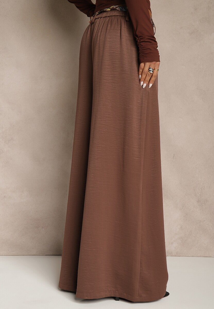 Brązowe Szerokie Spodnie z Paskiem w Stylu Wstążki Tussema