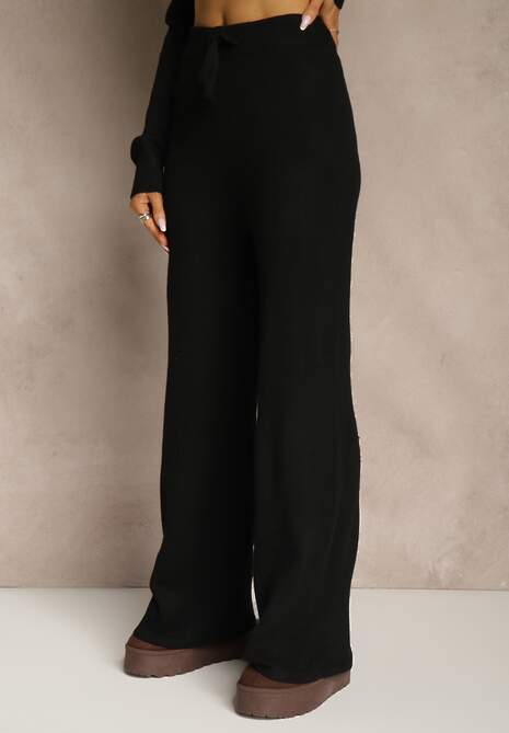 Czarny Komplet Dzianinowy z Wełną i Bawełną Szerokie Spodnie i Golf Lennria